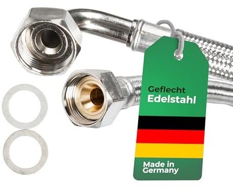 H2O-Flex® Zulaufschlauch DN13, 3/4 ÜM x 3/4 ÜM mit Bogen, 30cm | Flexschlauch für Waschmaschine oder Spülmaschine, Aquastop Verlängerung, Edelstahl-Geflecht, knickfest, Inliner HDPE, PN10