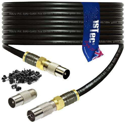 1STec 10m Shielded Digital TV Male to M/Female Gold Plated F-Connector Cable for FreeView HD Freesat BT YouView Satellite Dish or Rooftop Aerial to Wall Box Plug or Socket Lead (10 Metre, Black)