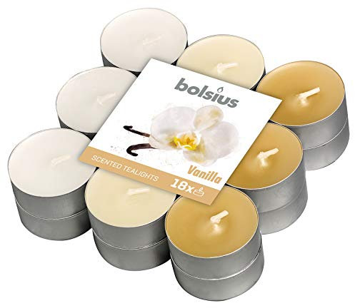 Bolsius - 18 Bougies Chauffe-Plat Parfumées – Vanille - Durée de Combustion de 4 Heures - Diamètre 38 mm - Extraits Naturels - Contient de la Cire Végétalienne - sans Huile de Palme