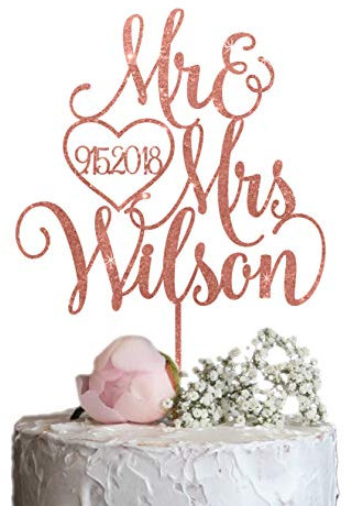Rose Gold Mr & Mrs Hochzeitstorte Topper mit Nachnamen und Datum, Eleganter Custom Mr und Mrs Cake Topper, Personalisierter Cake Topper auch erhältlich in Gold, Silber oder Champagner Glitter
