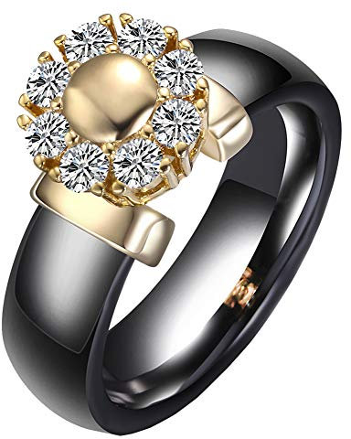 PAURO Mujer Cerámica Flor Redondo Zirconia Cúbica Incrustaciones Boda Anillo de Compromiso Negro Tamaño 22