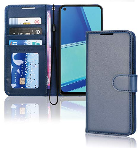 TECHGEAR Étui portefeuille en cuir pour Oppo A72/A52/A92, étui de protection à rabat avec porte-cartes et dragonne, bleu PU cuir avec fermeture magnétique