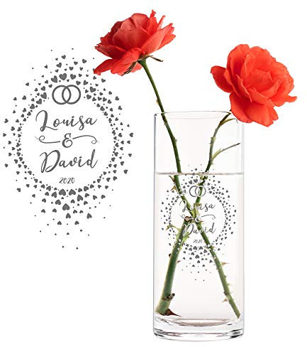 Casa Vivente Runde Blumenvase mit Gravur zur Hochzeit, Kreis aus Herzchen, Personalisiert mit Namen und Datum, Hochzeitsgeschenke für Brautpaar