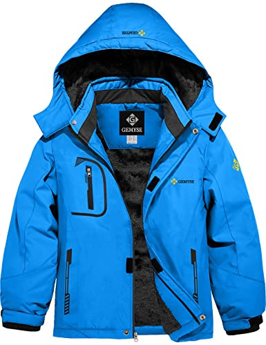 GEMYSE Jungen Skijacke Winter Wasserdicht Winddicht mit Kapuze Outdoor Regenjacke Fleecejacke (Himmelblau,152-158)