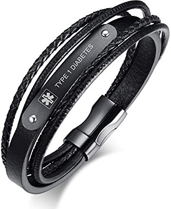 FLHEART TYPE 1 DIABETES Echtes mehrschichtiges geflochtenes Leder Medizinische ID-Armband Herren medizinische Alarm Lederarmband mit Edelstahl Magnetisch Schließe für Notfall Erste Hilfe