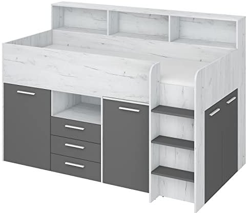 BIM Furniture Etagenbett NEO P Kindermöbel, Möbelset für Kinderzimmer, EIN Bett mit Schreibtisch, Regalen, Schubladen: Rechte Seite (Craft weiß/Graphit), 80 x 200 cm