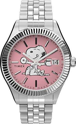 Timex Peanuts Damen-Armbanduhr, 36 mm, silberfarbenes Edelstahlarmband, rosa Zifferblatt, silberfarbenes Gehäuse TW2V47400