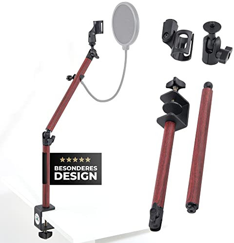 Mikrofon Arm Mikrofonständer mit Popschutz - Mikrofonarm mit 1/4 bis 3/8 Adapter | Mikrofon Ständer in Holzoptik | Microphone Arm für Tischstärke bis 5mm | kompatibel mit HyperX, Shure SM7B, Rode