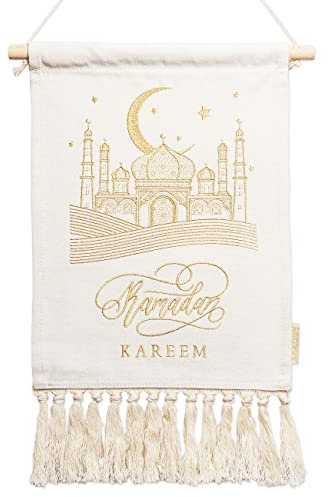 Papierdrachen Ramadan Wandbehang als dekorativer Hingucker - beige & gold - Wandteppich hochwertig bestickt - mit Holzstab - wiederverwendbar - Set 4