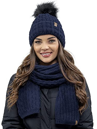 VIVISENCE Trendige Damen Winter Bommelmütze Mit Weichem Vlies-Innenfutter Aus Wärmendem Garn Antistatische Eigenschaften Perfekte Passform Für Kalte Wintertage Modisches, Dunkelblau,Einheitsgröße