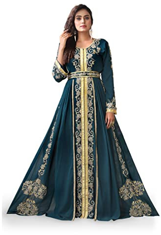 Caftán marroquí de manga larga para mujer, diseño árabe, maxi con cuentas a mano, Verde botella., XX-Large