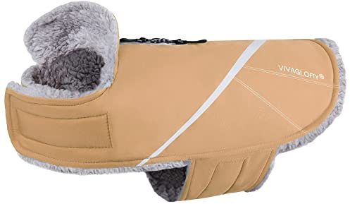 VIVAGLORY Warm Hundemäntel für Kaltes Wetter, Hundefleeceweste Jacke mit Zwei-Wege-Reißverschluss, Hundemantel Haustierjacke mit Fleecefutter für Kleine Haustiere, Khaki, S