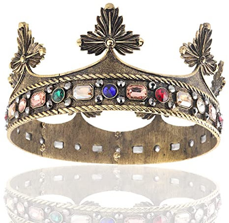 Barocke Herren König Legierung Große Krone Kristall Perlen Königlicher Prinz Damen Haarschmuck Für Geburtstag Party Halloween Kostüm (Dunkel Gold Mit Bunten Stein)