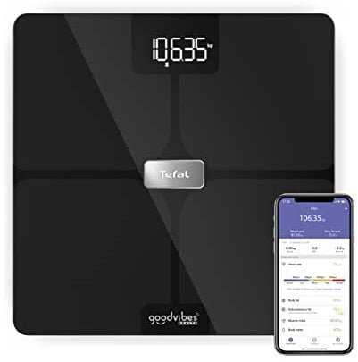 Tefal Goodvibes Health Balance connectée, 14 indicateurs corporels, Application connectée, Nombre illimité d'utilisateurs, Capacité de 180 kg et plateau verre 32x32 cm, Noir BM9670S1