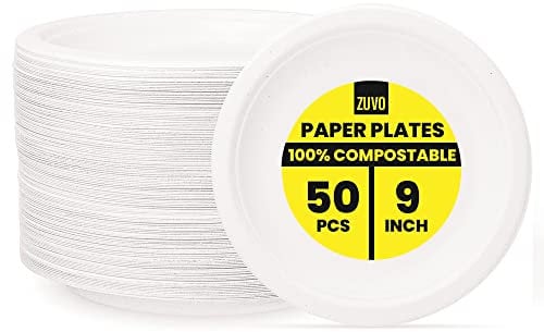 Zuvo 9-Inch Compostable Paper Plates – 50 Pack, Eco-Friendly, Biodegradable and Disposable for Party, BBQ & Picnic – Strong & Sturdy Bagasse Tableware.