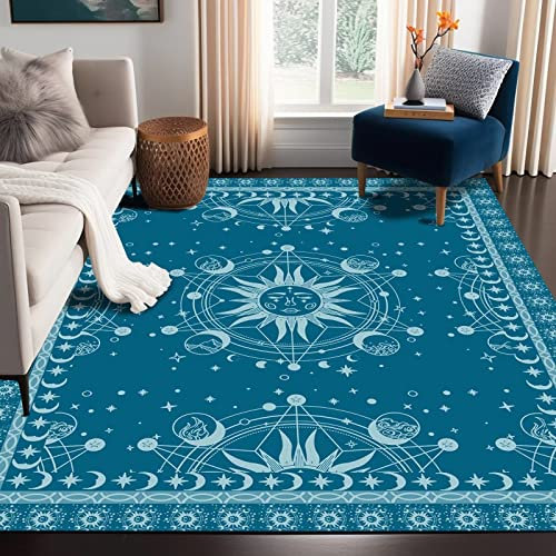 Sonne und Mond Teppich Boho himmlischer Bereich Teppiche für Schlafzimmer Wohnheim Wohnzimmer böhmische okkulte Halbmond Solar Sterne Galaxy Bodenmatte Pad Fußmatte Teppich 160x78.7 cm, blauer Saphir