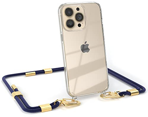 EAZY CASE - Handykette mit Karabiner kompatibel mit iPhone 13 Pro - Hülle Silikonhülle Fallschutz transparente Handyhülle Kette zum Umhängen Schutzhülle in Nacht Blau - Clips Gold