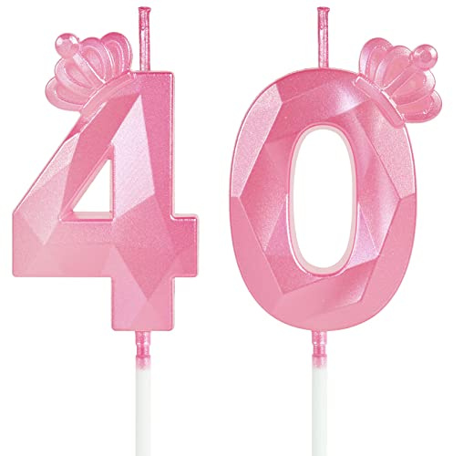 Bougie Anniversaire 40, Bougie Anniversaire Rose avec Couronne, Gâteau Décoré 40 ans Anniversaire, Décoration d'anniversaire pour Homme Femme Garçon Fille (Number 40)