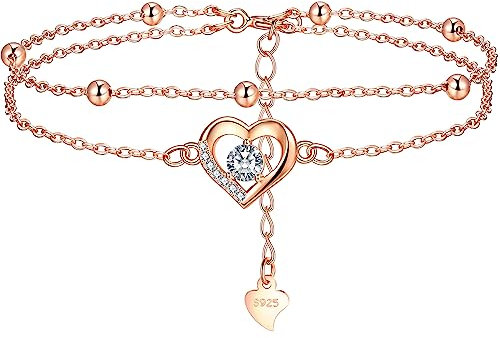 Lydreewam Herz Armband für Damen 925 Sterling Silber Doppel Armkette mit Kugeln und Zirkonia Muttertag Geburtstag Geschenk, verstellbar 17+4cm (Rosegold)