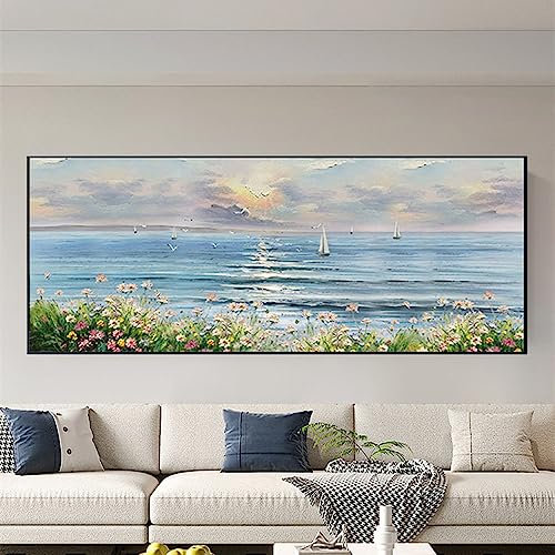 SAWEEZ Handgemalte Acryl Gemälde Auf Leinwand,Original-Ölgemälde, Handgemalte Ozean-Segelboot-Kunstbilder, Horizontale, Rahmenlose, Strukturierte Kunstwerke, Extra Großes Wandgemälde Für Wohnzimmer,