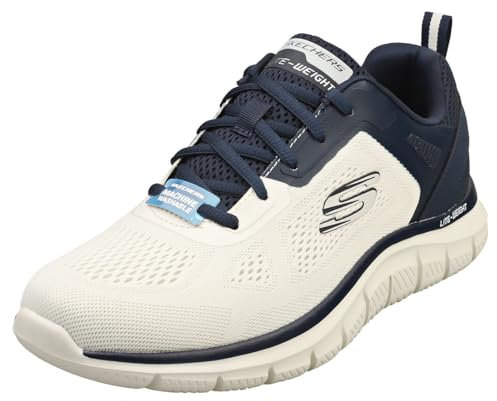 Skechers Homme Track Broader Baskets, Off White Engineered Mesh/PU/Navy Trim, 45.5 EU