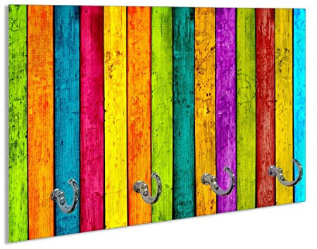 Wallario Handtuchhaken für Bad & Küche aus Glas 30 x 20 cm, Wand Handtuchhalter mit 4 Haken, Motiv: Buntes Holz - bunte Streifen mit Farbe und Holzstruktur