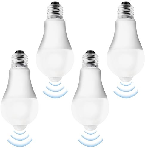 Leikurvo 4x E27 LED Glühbirnen mit Bewegungsmelder - 15W Kaltweiß (6500K), PIR Sensor + Lichtsensor, Energiesparlampe für Flur/Garage/Treppe - 120° Abstrahlwinkel, nicht dimmbar
