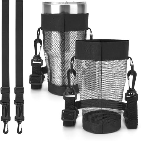 Linkidea Lot de 2 porte-gobelets en maille compatibles avec YETI Rambler, Greens Steel Beast, RTIC – Sac léger pour bouteille d'eau – Avec sangle de 150 cm de long pour tasses isothermes, Noir