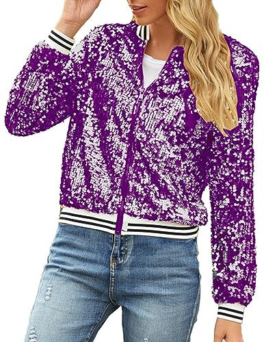 ZDSUHYIW Giacca da donna slim fit, con paillette, blazer con brillantini, a maniche lunghe, elegante, corta, tinta unita, per feste, cardigan, Lilla, XXL