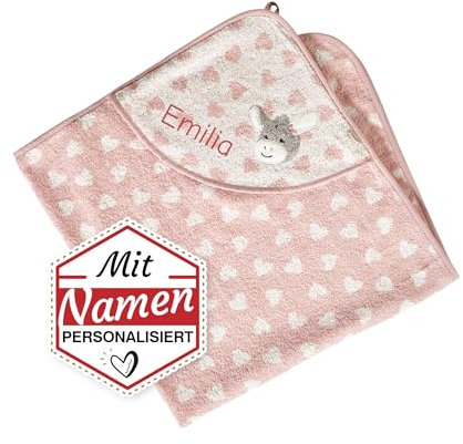 LALALO Kapuzenhandtuch Emmi Girl mit Namen Bestickt für Mädchen, Frottee Baby Badetuch Badehandtuch/Rosa Kinder-Badetuch mit Kapuze personalisiert (100x100, Rosa Herzen)
