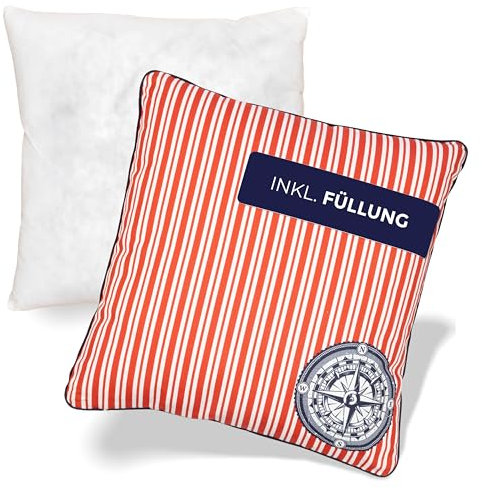 NOAH VERDE Zierkissen-Maritim Kompass gestreift Rot Weiß Blau, Kissen 45x45, Dekokissen mit Füllung und Bezug, Kuschelkissen Sofa, Boots-Kissen nautisch, Zierkissen & -hüllen Mediterran segeln