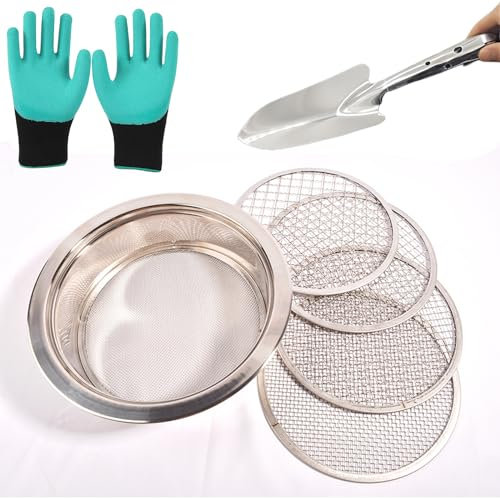 MEYAGOT Setaccio da Giardino Rotondo da 25cm, Setaccio in Acciaio Inossidabile con 5 Inserti Intercambiabili, Setaccio Resistente alle Intemperie, Setaccio per Terreno per Terra Pietre Compost Sabbia