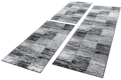 Paco Home Bettumrandung Läuferset Designer Teppich Modern Kurzflor Karo Meliert Grau 3Tlg, Grösse:2mal 70x140 1mal 70x250