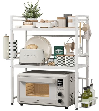 NETEL Erweiterbares Mikrowellen Regal,küchenregal arbeitsplatte stehend | Regal küchen organizer für Backofen,kaffeemaschine&aufbewahrung,Robuster Kohlenstoffstahl,8 Haken,1 Körbchen,3 stufig,Weiß