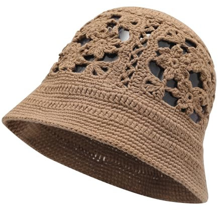 ZLYC Damen Sommer Baumwolle Handgemachte Stricken Fishermütze(Floral Tan),Einheitsgröße