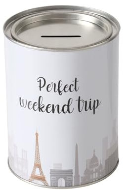 Spardose Sparschwein Schriftzug Perfect Weekend Trip - Deckel abnehmbar - Wiederverwendbar Metall Sparbüchse Geldgeschenk Geschenkidee Geldspardose Metallspardose 10 x 13,5cm