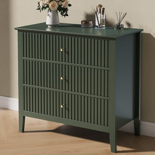 RoyalCraft Fluted 3 Drawer Dresser, 32 inch Wide Dresser Nightstand for Bedroom, Modern Wood Chest of Drawers, Large Painted Nightstand with 3 Drawers for Closet, Hallway, Entryway, Dark Green