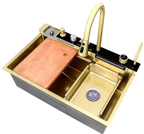 Gold Waterfall Kitchen Sink With Multifunctional Faucet, Cup Washer, Drain Knob And Drain Kits, Large Workstation Sink, Single Bowl Kitchen Bar Sink, Farmhouse Sink For Top Mount(Gold,68x46x22cm)
