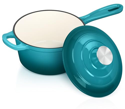 Enameled Cast Iron Sauce Pan with Lid, Leonyo 2 Quart Saucepan with Lid, Small Enamel Cast Iron Dutch Oven Kitchen Cookware for All Cooktops Making Pasta Sauce, Soup, Milk - Up to 500°F & Lake Green