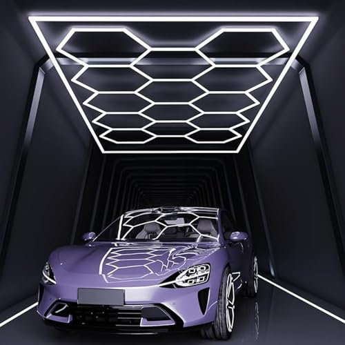 HJDSUDU Luz LED Hexagonal para Garaje, luz LED superbrillante para Techo de Taller, luz LED de Panal para Garaje, para almacén, Taller, Gimnasio, sótano,14 Hex with Rectangle Frame