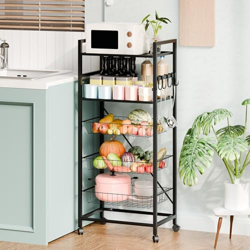 OSKOPWRC 5 Tier Rolling Kitchen Storage Cart, Microwave Rack Cart, Slim Utility Cart on Wheels with Metal Shelves, for Bathroom, Pantry, Laundry, for Small Spaces and Mobile Storage Black