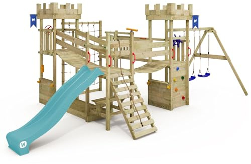 WICKEY Spielturm Ritterburg Smart Arch mit Schaukel & Türkiser Rutsche, Outdoor Kinder Kletterturm mit Sandkasten, Leiter & Spiel-Zubehör für den Garten