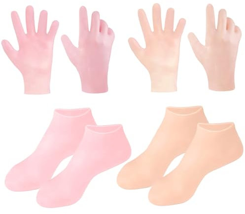 4 paia di calzini in silicone e guanti in silicone, morbidi calzini elastici per piedi, idratanti, riutilizzabili, per piedi secchi e screpolati, da donna