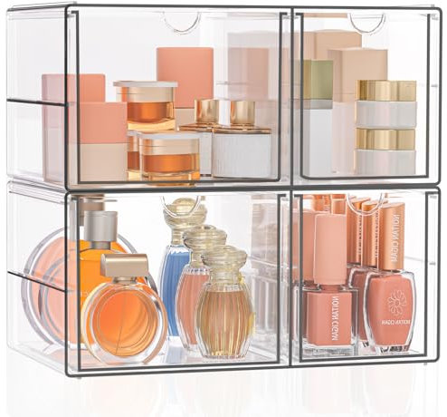 SortNStore Organizador de maquillaje con 4 cajones: Juego de 2 en acrílico con almohadillas antideslizantes | Apilable para cosméticos, joyas y artículos de papelería