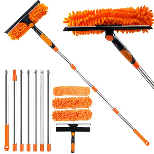 4.5M Window Squeegee Cleaning Kit, Telescopic Long Handle Squeegee Kit for Glass, Extendable Window Cleaning Pole with Silicon Squeegee and Microfiber Pad for Indoor/Outdoor High Window