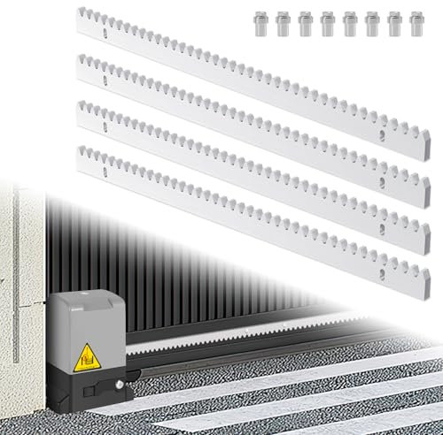 Fiqops Cremallera para puerta corredera, abridor de puerta, riel dentado de 2 m, 4 unidades (cada 50 cm de largo), acero galvanizado, color plateado