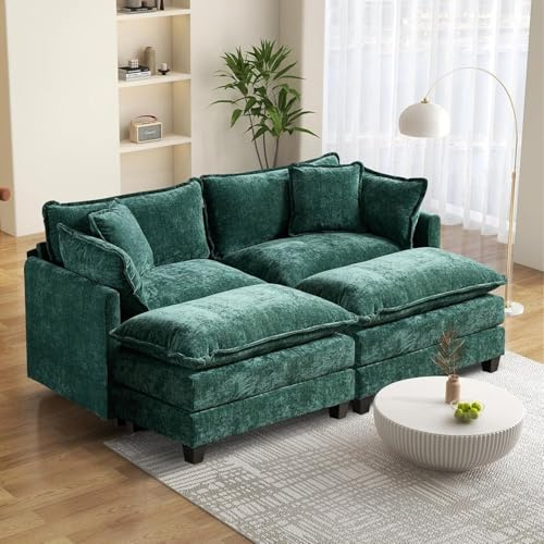 SoarTalent 198cm L-Form 2-Sitzer Sektionalsofa mit 2 Ottomanen, Grün | Chenille-Bezug im Wolken-Couch-Stil, tiefer Sitz mit Kissen, wandelbar, Sitzhöhe 54cm für Wohnzimmer, Wohnung, Büro.