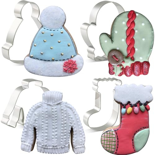 CHUNZAI Winter Christmas Cookie Cutter Set of 4-Piece, Sweater, Hat, Mitten and Stockings