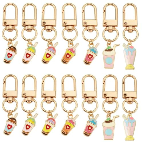 PH PandaHall 14pcs Bag Charms Milk Tea Keychain Charms 7 Styles Enamel Alloy Cup Keychains, Mini Coffee Cup Charm Purse Charm for Handbags Cell Phone Decoration Wallet Pendant Accessories, 50~54mm