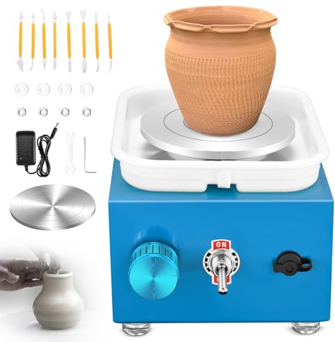 Pottery Wheel, Mini Pottery Wheel with Strong Motor 2000RPM Adjustable Speed, Potters Wheel with 10/6.5cm Plates and Sculpting Tools, Ceramic Pottery Tools Pottery Kit for Kids and Adults, Blue